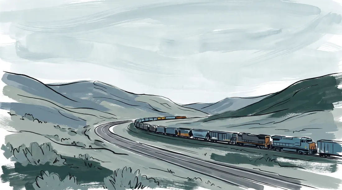 Sage hills, a highway and a long freight train